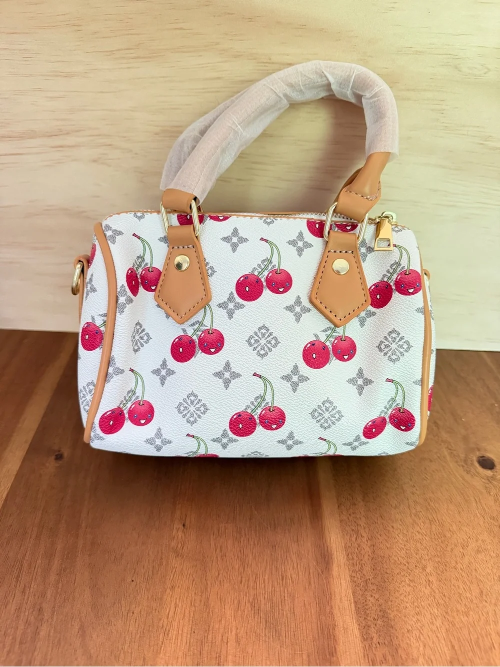 White Cherry Print Boston Handbag with Tan Accents - Picture 3 of 4